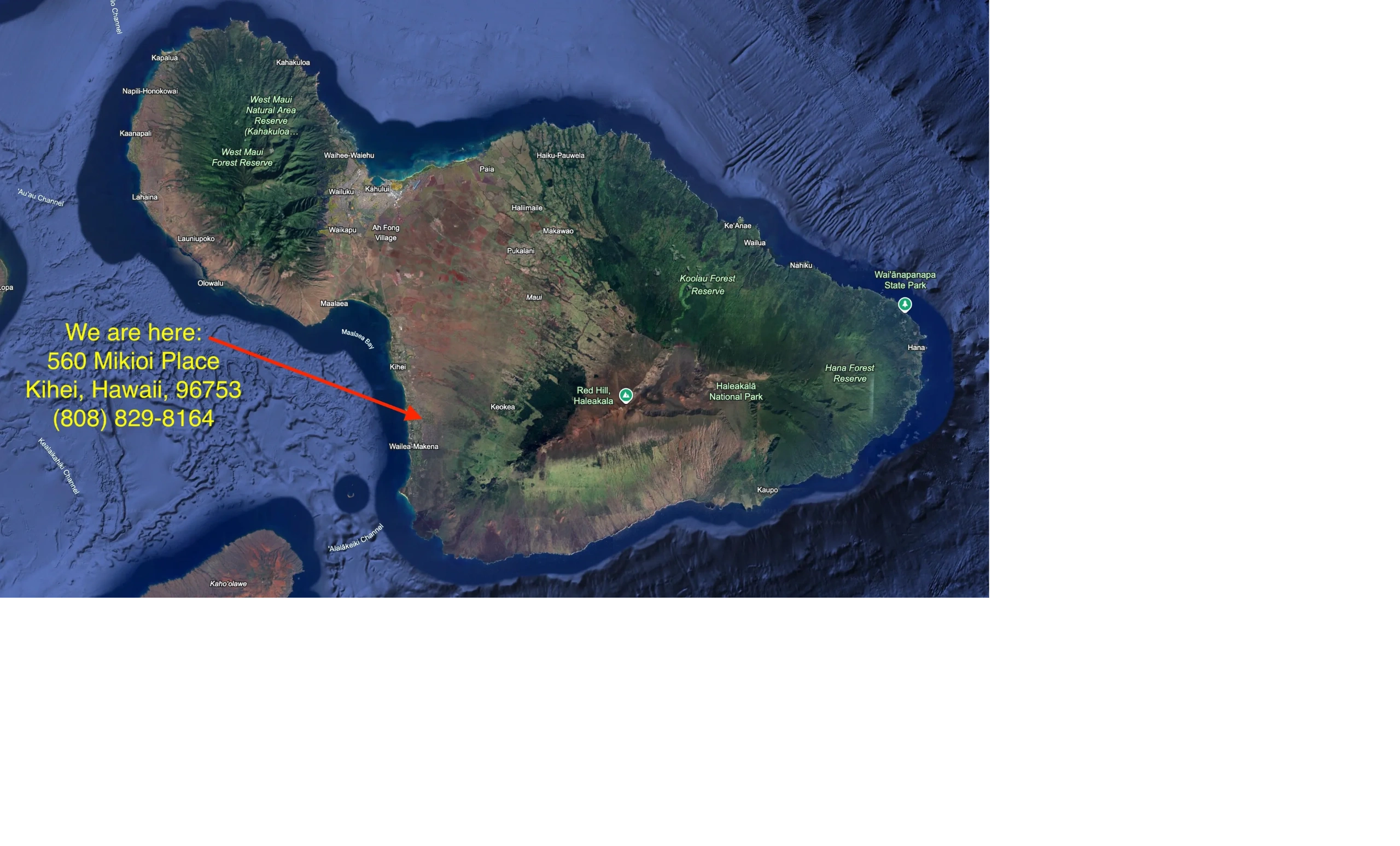 Map of Maui showing our location at 560 Mikioi Place, Kihei